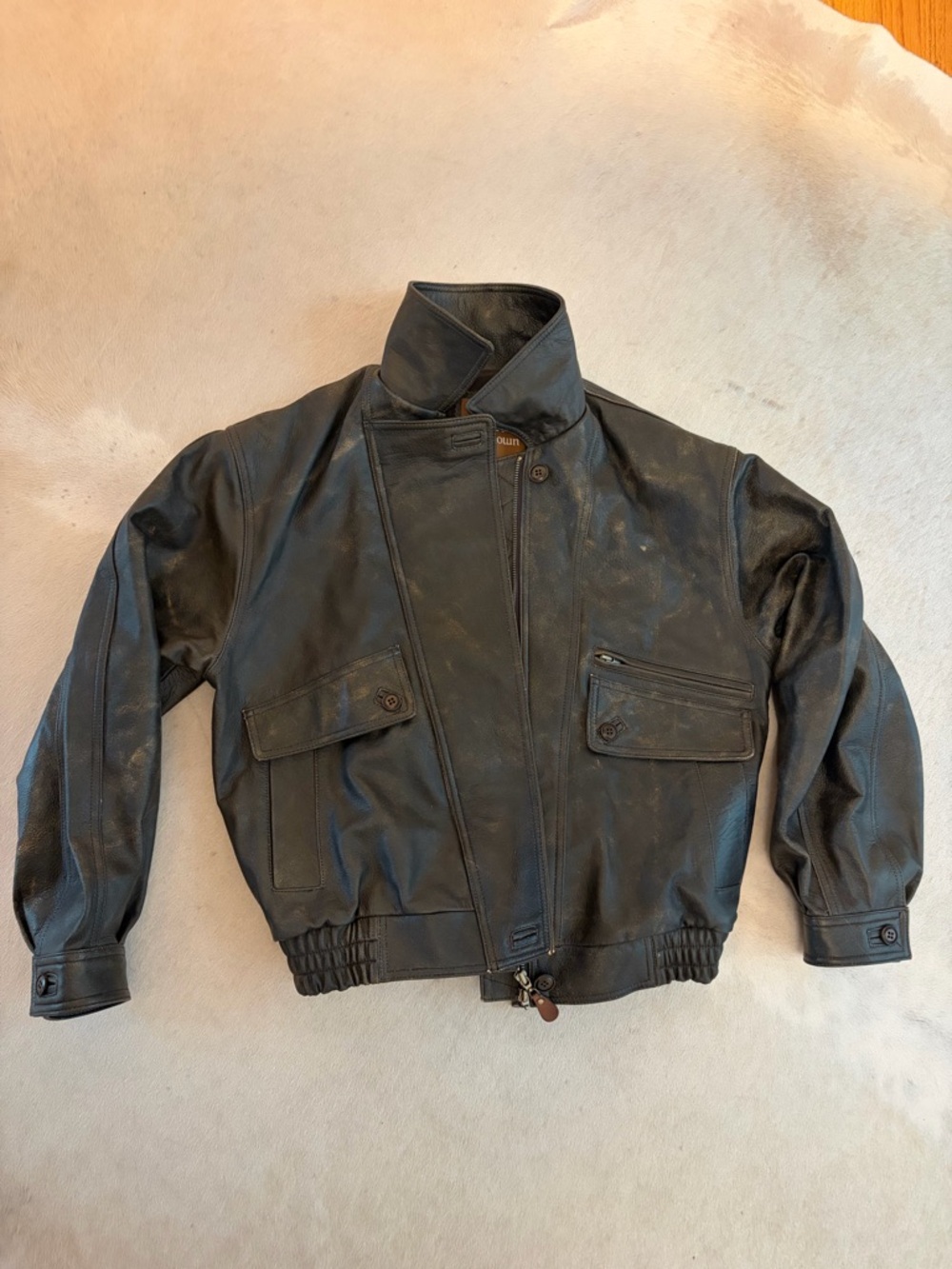 Source Unknown GEVA FADED LAMBSKIN BOMBER JACKET, BROWN OS - Picture 2 of 5